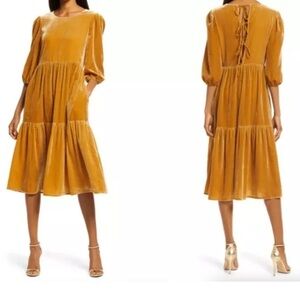 Charles Henry Dress Womens Extra Small Gold Velvet Tie-Back Midi Cottage Priaire